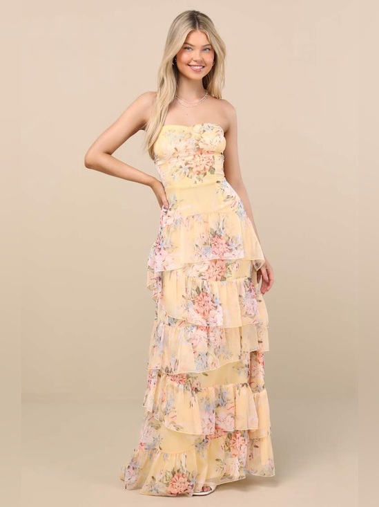 Lulus Dresses & Skirts - NWOT Lulus Niyati Yellow Floral Strapless Tiered Maxi Dress Size XL